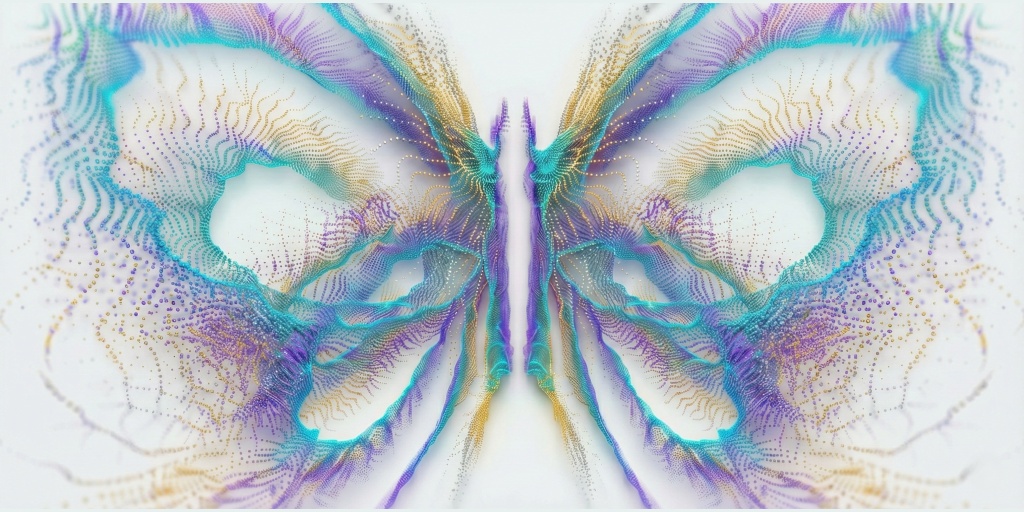 Borboleta abstrata formada por pontos e linhas em tons de azul, turquesa, lilás e dourado