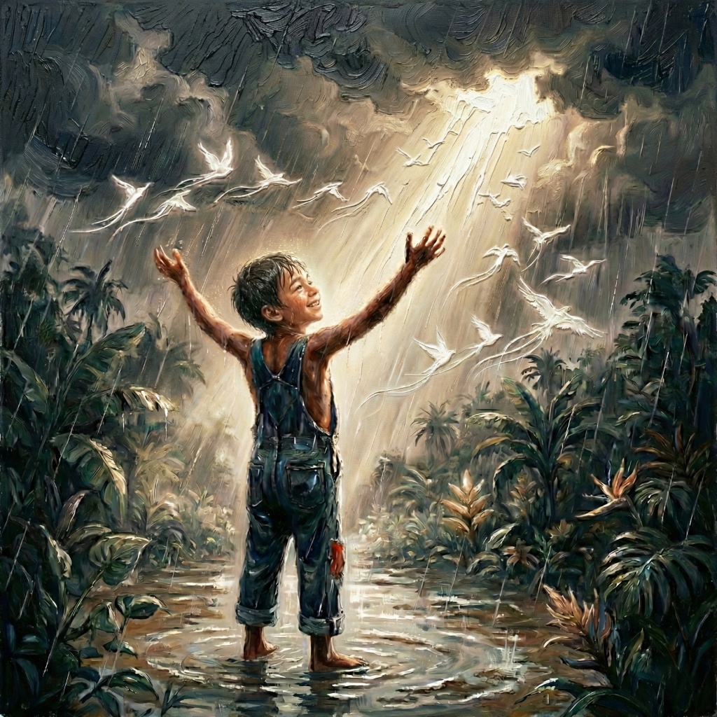 Pintura de uma criança de braços abertos sob a chuva, com pássaros brancos e feixe de luz atravessando o céu